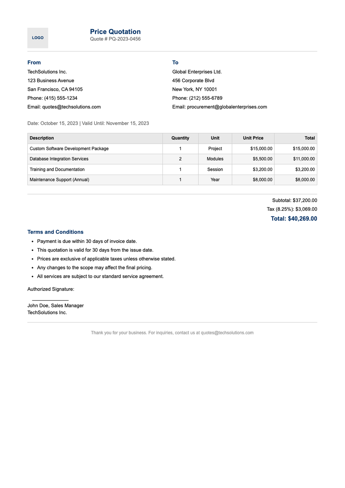 Professional price quote template with company details and itemized pricing_variant_2